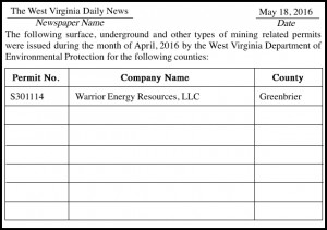 Display Legal Permit S301114 Warrior Energy Resources 5-25-2016